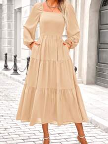 Women Spring Maxi Dress Casual Square Neck Puff Long Sleeve Smock High Waist Tiered Elastic Flowy Dress Fall Autumn Vacation Beach Wedding Guest Midi Dresses With Pocket