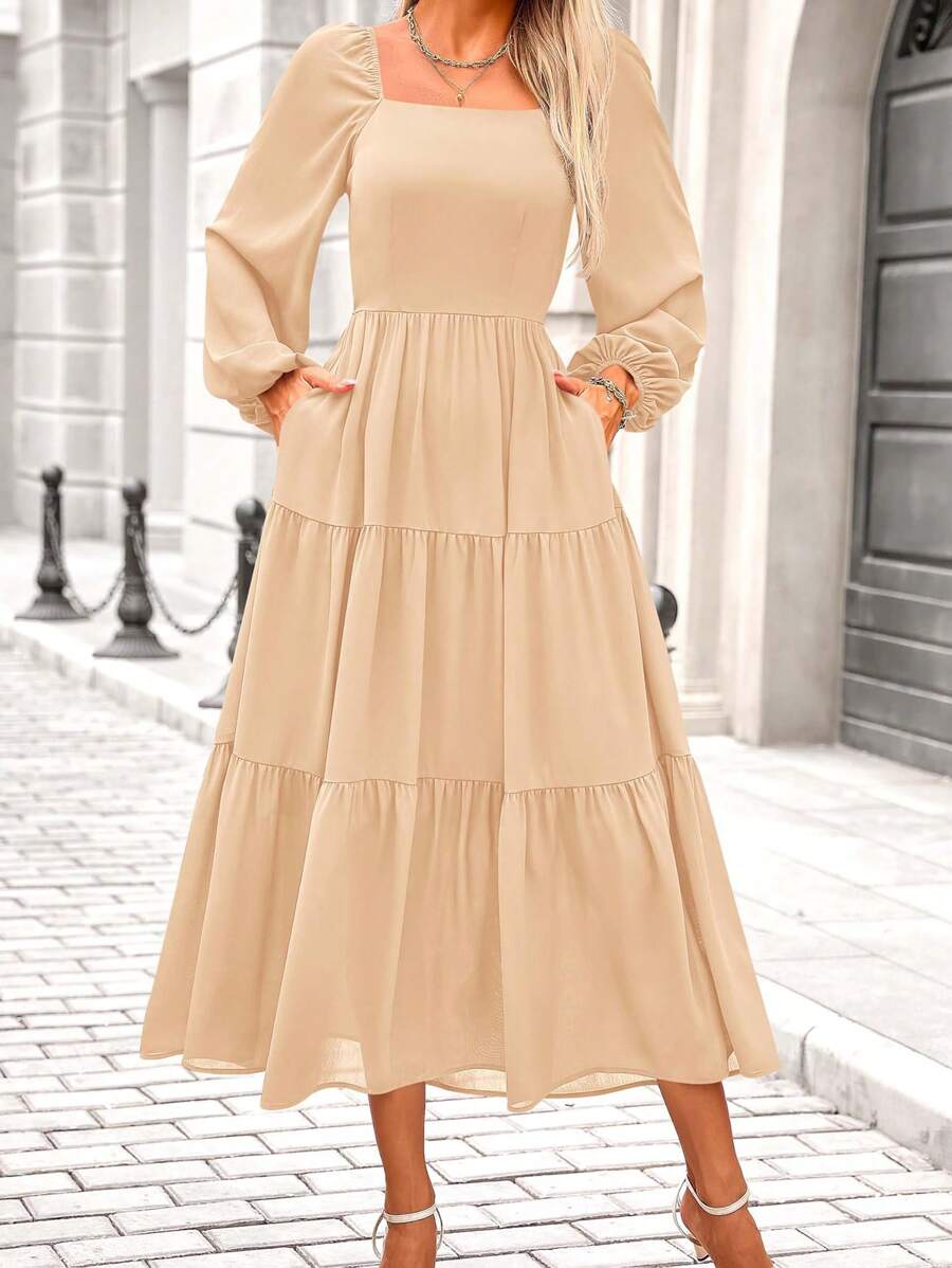 Women Spring Maxi Dress Casual Square Neck Puff Long Sleeve Smock High Waist Tiered Elastic Flowy Dress Fall Autumn Vacation Beach Wedding Guest Midi Dresses With Pocket
