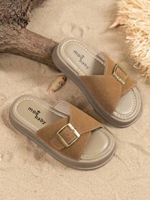 1 Pair Kids' Thick Sole Casual Slip-On Sandals, Versatile Summer 2026 New Arrival Girls' Metal Buckle Slides, Boys' Strap Flip Flops - Brown - View 4