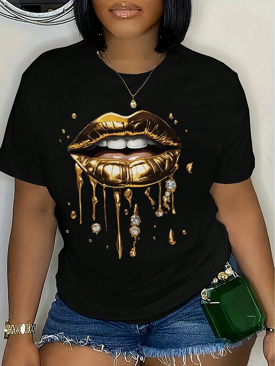 女士时尚金色唇印圆领短袖休闲 T 恤