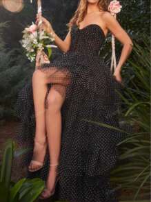 Strapless Polka Dot Mesh Princess Cake Dress Evening Gown, Party Dress, Wedding Guest Dress, Prom Dress