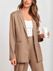 Women's Spring Two-Piece Work Suit Casual Loose Long Suit Jacket And Formal Wide Leg Pant Suit With Pockets - 卡其色 - 查看 2