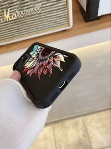 1pc Fashionable Colorful Semi-Flower Anti-Fingerprint Black Non-Slip Sandstone Phone Case, Compatible With Apple//Redmi/OPPO/Realme/Infinix