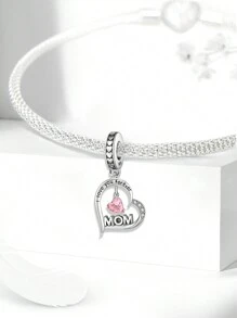 1Pc Fashionable 925 Sterling Silver Sparkling Mom Heart Pendant Charm Bead Fit For Women Bracelets Bangles DIY Jewelry Making And Daily Outfit Matching Jewelry Decoration For Girls Valentines