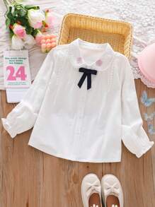 Girls Elegant Lace Trim Embroidered Floral Long Sleeve White Blouse, Sweet School Uniform Base Layer, Spring New Arrivals, Autumn - White - View 1