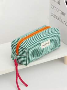1Pc/Set Plaid Design Green Color Contrast With String Multi-Functional Cosmetic Organizer Handbag Bath Shower Wallet Pouch Portable Cosmetics Brush Storage Clutch With Zipper Closure For Lipstick, Brush, Skincare, Mobile Phone, Coin, Small Items Summer Travel, Vacation Home Bathroom Decor Holiday Bathroom Accessories Back To School