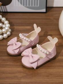 女童公主風PU鞋，裝飾有蝴蝶結，珍珠點綴和時尚鞋帶，適合室內外穿著