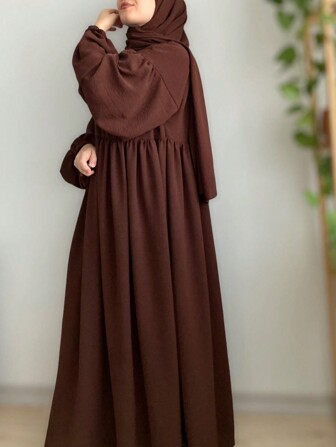 1pc Women Arab Style Solid Color Long Sleeve Simple Fashion Casual Maxi Dress, For Everyday Wear, Modest Abaya