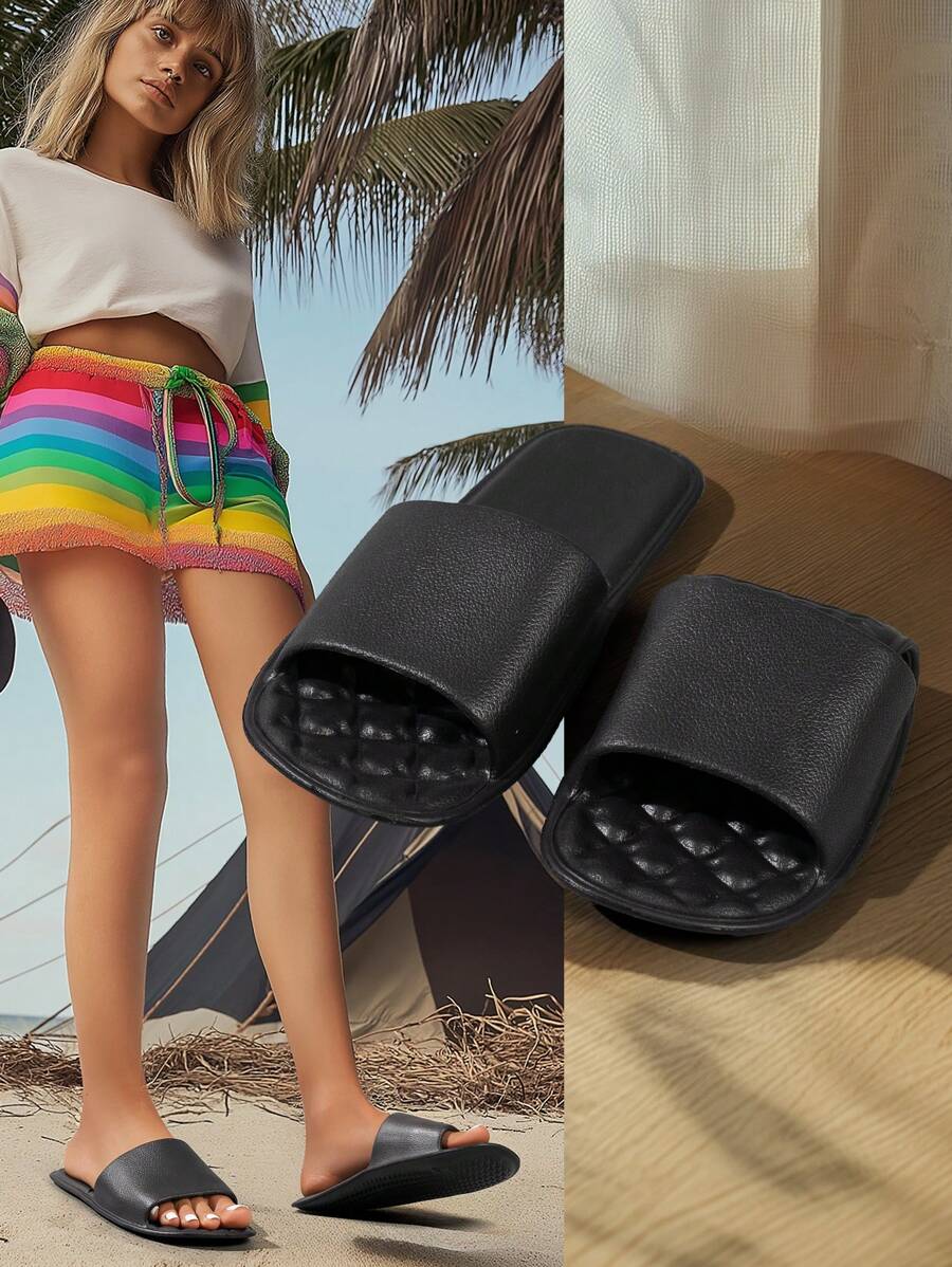 男女通用便携式折叠拖鞋，黑色，2025 新款室内方头按摩沐浴拖鞋，舒适防滑，适合旅行、酒店、家居使用，尺码偏小