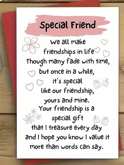 1pc, Warm Greeting Card With Envelope, Friendship Is A Special Gift I Cherish Every Day, Suitable For Birthdays, Anniversaries, Any Special Day, Perfect For Giving To My Best Friend, Best Friend, Good Brother