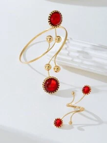 1 Set Retro Geometric Faux Pearl & Gemstone Jewelry Set, Women Party/Holiday Gift, Adjustable