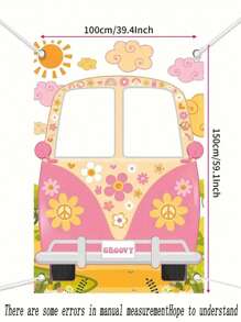 3.28ft*4.92ft(100cm*150cm)/4.92ft*6.56ft(150cm*200cm)-Hippie Bus Photo Props Groovy Party Decorations Large Fabric Groovy Van Props Hippie Selfie Framed Backdrop Banner Birthday Party Supplies Vintage Daisies 60's 70's Party Favors 59 X 39.4 Inches-Valentine's Day Photo Props - Multicolor - View 5