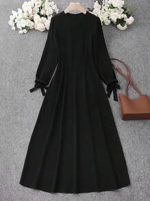 Vestito casual da donna con collo equipaggio, maniche lunghe, tasche, stile arabo, modesto, monocromatico - nero - Visualizzare 2