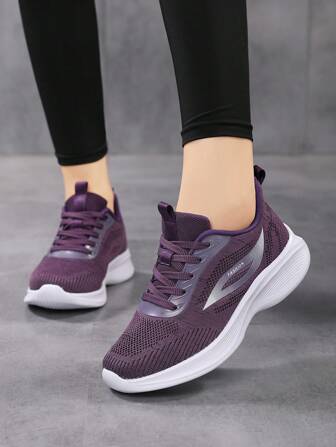 New Spring/Autumn Plus Size Versatile Light Weight Mesh Breathable Casual Running Shoes, Women Sports Shoes, Soft Bottom Soft Upper Jogging Shoes, Purple Mesh Flats, Women's Fashionable Comfy Travel Shoes, Low-Top Round Toe Lace-Up Mesh Sneakers, Women's Walking Shoes, Women's Road Running Shoes