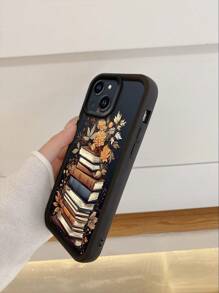 1 pieza Funda de teléfono móvil con imagen de libro floral de moda, antihuellas, mate negra y resistente a golpes, compatible con Apple//Compatible con Redmi/Compatible con OPPO/Compatible con Realme/Compatible con Infinix - Negro - Ver 4