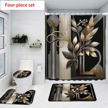 1/3/4pcs Plants Line Pattern Shower Curtain Set, Waterproof Curtain With 12 Hooks, Toilet Lid Cover And U Shaped Rug Machine Washable Woven Fabric,Easy-To-Hang, Bathroom Decor Accessories Fall Decor Bathroom Accessories Back To School