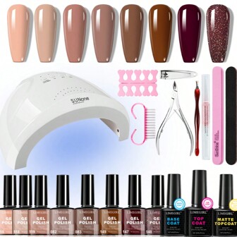 LIMEGIRL 8 Colors Gel Nail Art Polish Practice Kit With USB UV Light, Topcoat,Basecoat With Matte Topcoat, Manicure Tools, Perfect Gift Box For Girlfriend Or Mom, DIY At Home Or Nail Art Salon, All-Season Manicure Set, Great For Holidays And Daily Use