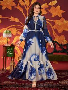 Plus Size Tie Neck Beaded Accent Front Petal Sleeve Tie Dye Elegant Long Dress (Random Cut)