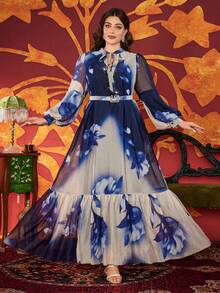 Plus Size Tie Neck Beaded Accent Front Petal Sleeve Tie Dye Elegant Long Dress (Random Cut)