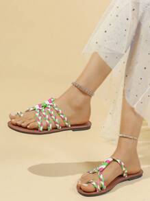 Women's Handmade Green, White, Red Color-Block Slip-On Sandals, Anti-Slip, Fashion, Comfortable, Classic Design