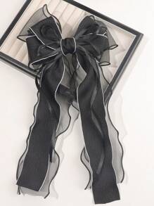 1pc Black Mesh Huge Bowknot Wave Ribbon Elastic Hair Clip, Elegant & Delicate Spring Hair Accessory, School Stuff, College