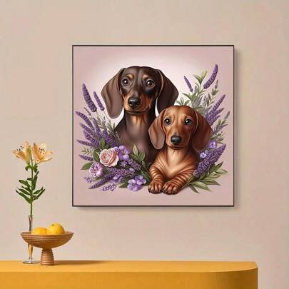 1pc 5D DIY Kit de pintura de diamante, diamantes acrílicos redondos, cães Dachshund sem moldura e design de lavanda, 40x40cm, presente exclusivo feito à mão