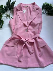 Steve Store Women's Fashion Tailored Blazer Vest Long With Formal Belt - Hồng - Xem 3