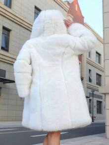 FHILLINUO Women's Luxury White Faux Fur Coat, Hooded Long Sleeve, Oversized Fit - Multicolor - View 3