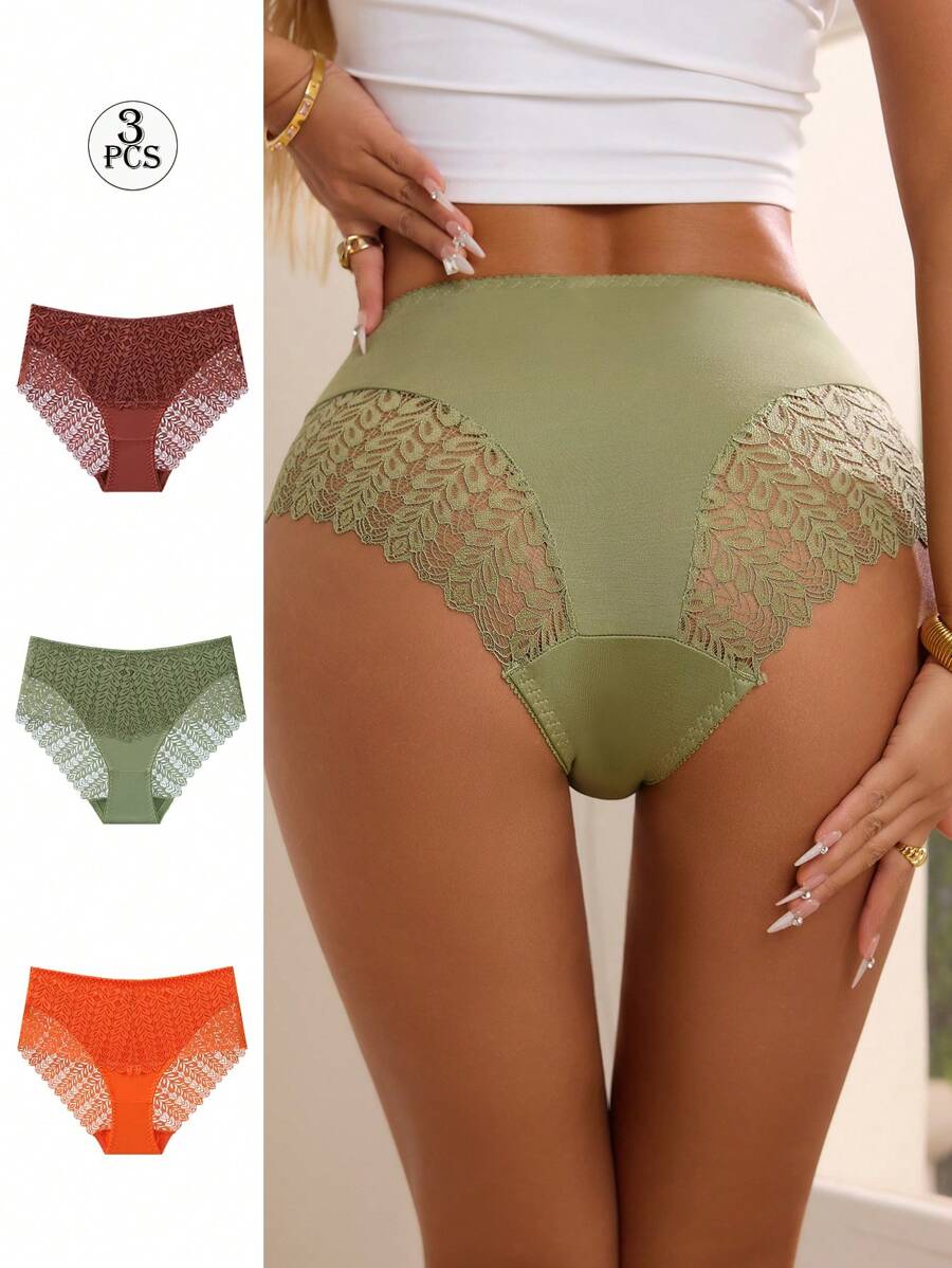 Aofeiqike 3 条装高品质欧式女式蕾丝无缝三角裤，性感透气无缝内裤，绿色中腰舒适内衣，适合度假、居家和可爱少女风格 - 彩色 - 查看 1