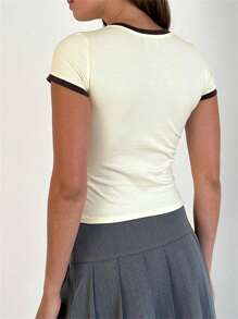 Womens Baby Tee Slim Number Print Contrast Trim Round Neck Short Sleeve Crop Tops Casual Summer Streetwear