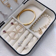 1 pieza Caja de joyería portátil de doble capa, organizador de joyas de viaje mini para aretes, anillos, collares, pulseras, almacenamiento multiusos, regalo del Día de San Valentín para joyas de mujer, para anillos, para collares, para pulseras, accesorio de joyería, bolsa de almacenaje de joyas, regalo de cumpleaños para mamá