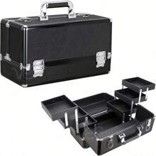 6-Tiers Accordion Trays Professional Cosmetic Makeup Train Case Organizer Travel Brush Holder - Vk3203, Black Glitter (VP001-51)