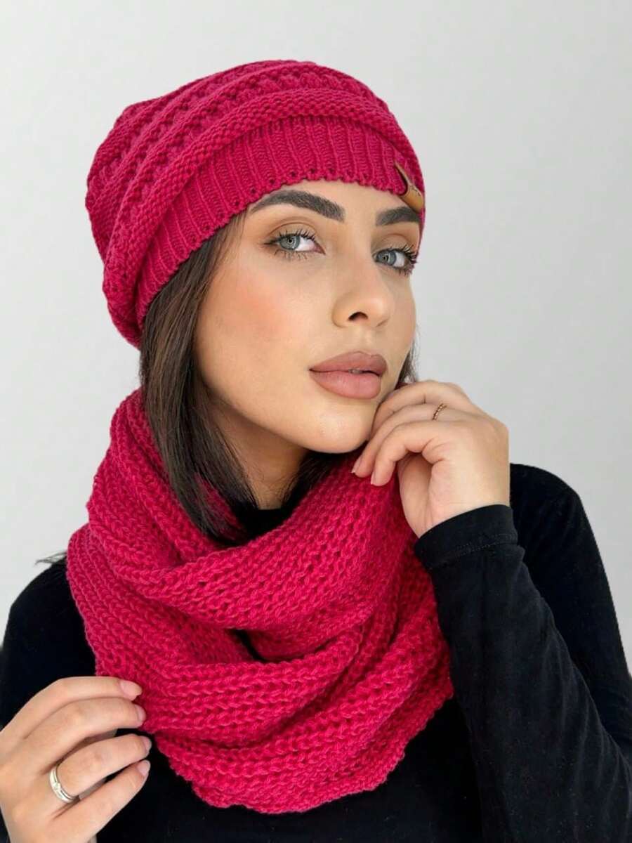 Unisex Knit Infinity Beanie And Scarf Set Soft Wool Winter Fashion - Rosa Fucsia - Ver 1