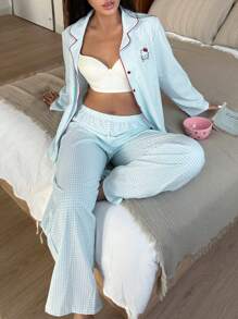 Sanrio 2pcs Hello Kitty Women's Plaid Print Button Front Long Sleeve Pajama Top + Drawstring Waist Long Pants Cute Sleepwear Set, Cozy Outfit, Fall Clothes