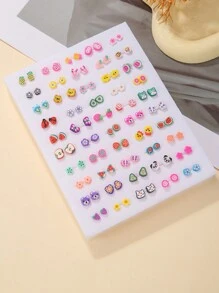50 Pairs Cartoon Fruit & Animal Pearl Rhinestone Stud Earrings Mix Color Design, Cute Style Perfect For Girls Birthday Party Wear Or Gift - Multicolor - View 3