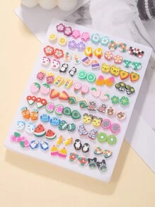 50 Pairs Cartoon Fruit & Animal Pearl Rhinestone Stud Earrings Mix Color Design, Cute Style Perfect For Girls Birthday Party Wear Or Gift - Multicolor - View 1