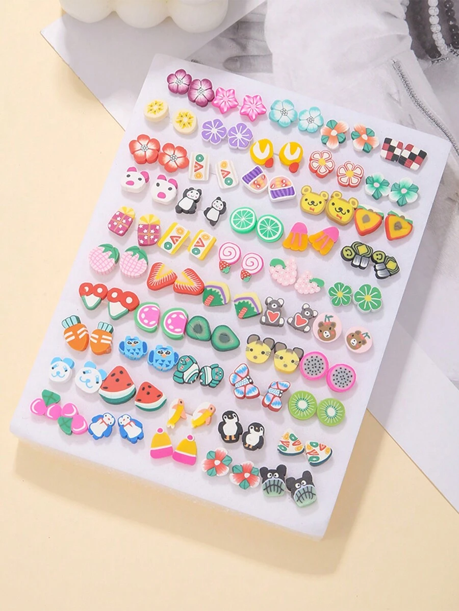 50 Pairs Cartoon Fruit & Animal Pearl Rhinestone Stud Earrings Mix Color Design, Cute Style Perfect For Girls Birthday Party Wear Or Gift - Multicolor - View 1