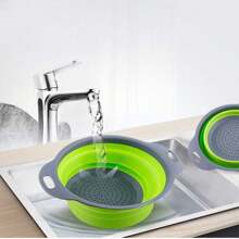Juego de 1/2 piezas Colador plegable de silicona, escurridor con mango ahorra espacio, cesta de drenaje plegable para frutas, verduras, pasta - Herramienta de cocina verde para un almacenamiento fácil