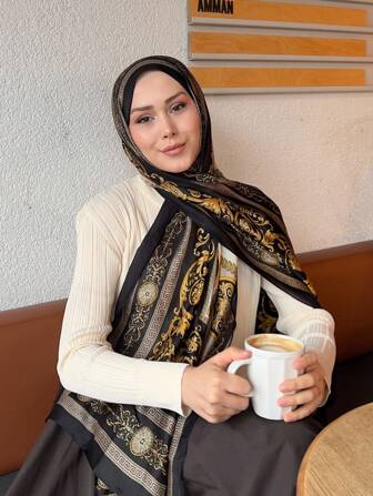 1pc Silk-Like Jacquard Scarf, Printed Pattern Head Wrap, Fashion Travel Shawl, New Year Gift For Dress