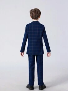 Boys Suits Grid 5-Pieces Suit Set Toddler Tuxedos Dresswear Ring Bearer Outfit Wedding Blazer Vest Pants Shirts Tie Formal Suits For Kids Navy Blue Size 6-16Y