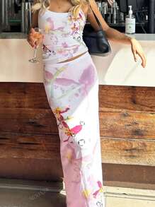 Printed Camisole Slim Long Skirt Two Pieces Set, Spring And Summer