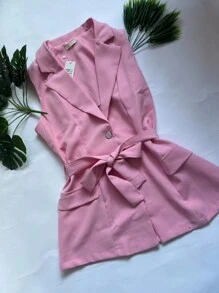 Steve Store Women's Fashion Tailored Blazer Vest Long With Formal Belt - Hồng - Xem 5