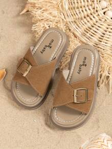 1 Pair Kids' Thick Sole Casual Slip-On Sandals, Versatile Summer 2026 New Arrival Girls' Metal Buckle Slides, Boys' Strap Flip Flops - Brown - View 2