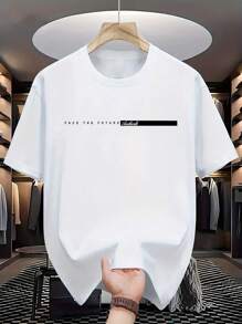 تي شيرت قصيرة الأكمام برقبة مستديرة بطباعة حرف للرجال، كاجوال - أبيض - مشاهدة 1