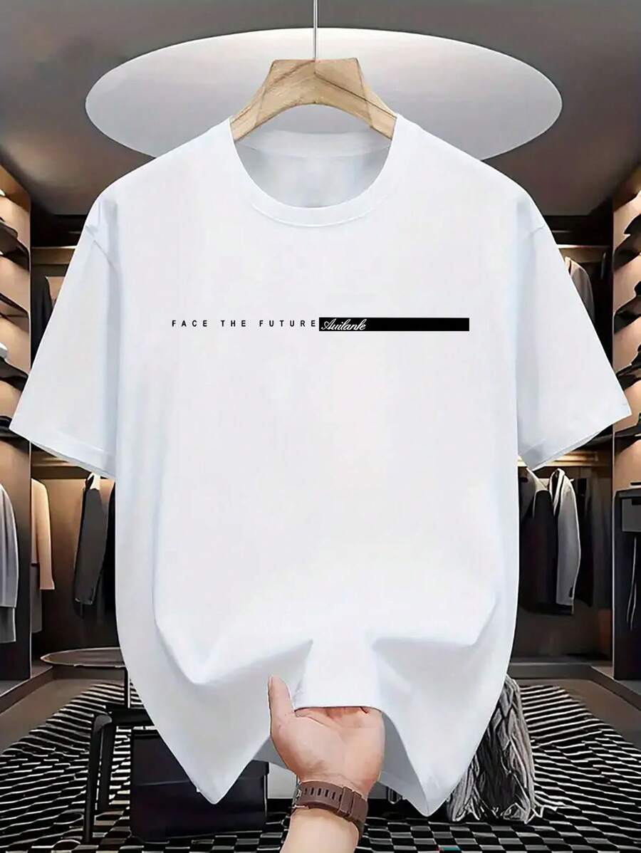 تي شيرت قصيرة الأكمام برقبة مستديرة بطباعة حرف للرجال، كاجوال - أبيض - مشاهدة 1