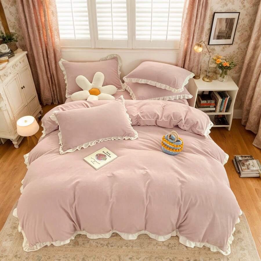 Comfortable Velvet Bedding Comforter Set,Soft Brushed Microfiber Reverse For Bed In A Bag Cozy Velvet Comforter Sets,All-Season Home Textile,Duvet Cover Set With Sham For Twin,Queen Size,Christmas New Year Holiday Gifts - Dusty Pink - View 1
