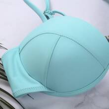 Hot 2022 New Set Of Women Bikini Push-Up Bra Swimsuit Solid Color Adjustable Thin Shoulder Strap Underwire Bra + Thong Beachwear - 藍色 - 查看 5