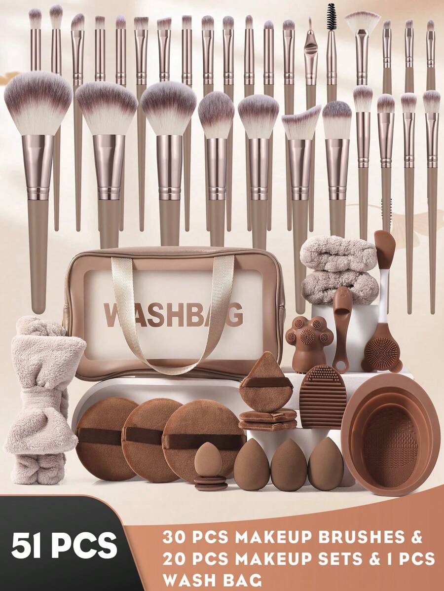 6/39/41/43/46/51PCS Makeup Tools Set Including:1pc Multi-Functional Zipper Toiletry And Cosmetic Bag Waterproof+30PCS Makeup Brush Sets+3PCS Makeup Sponges+3PCS Triangle Powder Puffs+3PCS Mini Air Cushion Powder Puff+1pc Hairband+2PCS Hand Bowl Strap+3PCS Circular Powder Puffs+2PCS Makeup Brush Cleaning Tools+1pc Nose Wash Brush+1pc Facial Mask Brush+1 Pc Silicone Cat Paw Face Brush - 彩色 - 查看 1