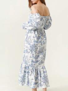 Women's Floral Maxi Dress Y2k Off Shoulder Puff Sleeve High Waist Long Dresses Summer Casual Sundress - 藍色 - 查看 8