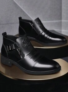 1 Pair Men's Lion Embroidery PU Leather Upper Rubber Sole Comfortable Casual Ankle Boots, Suitable For Daily Wear - Black - View 2